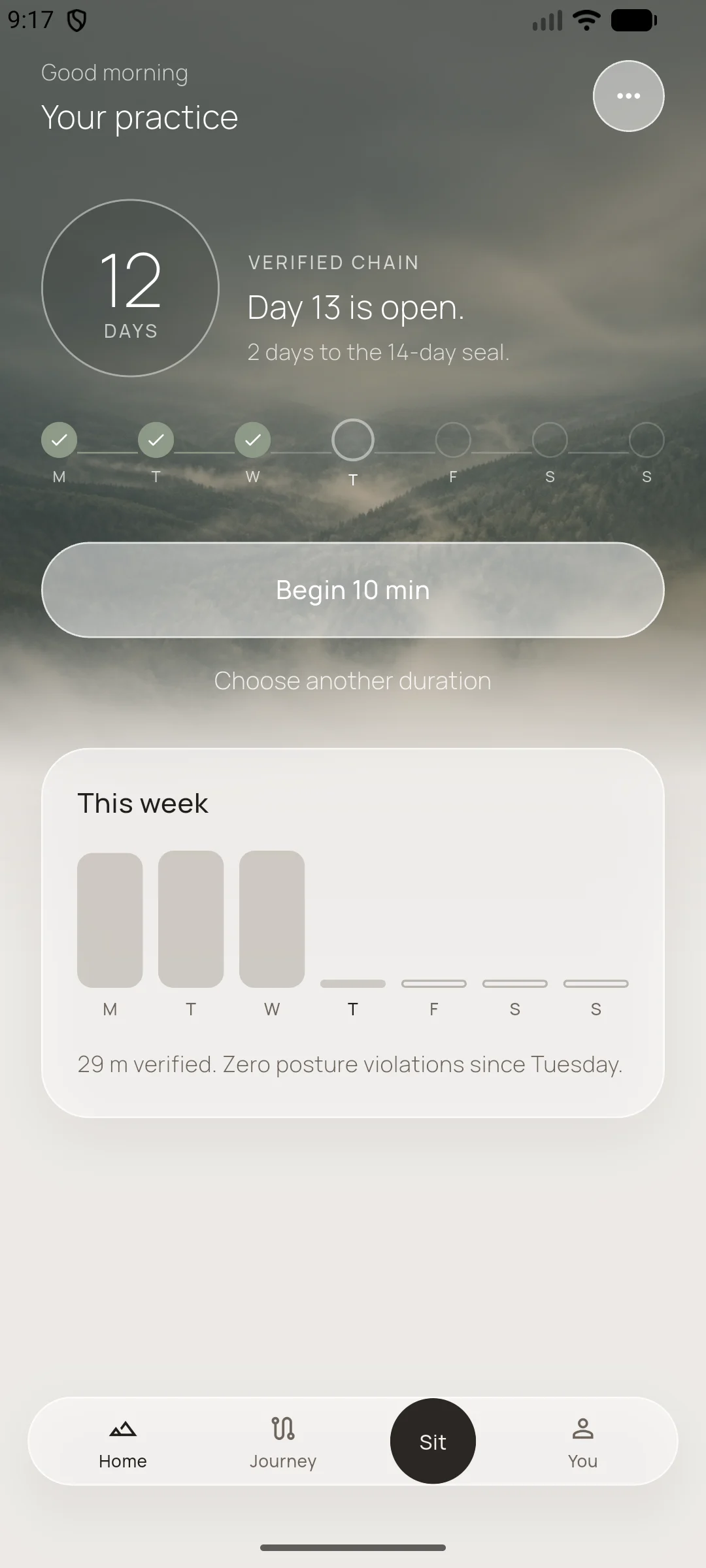 Meditation app home screen showing a verified twelve-day chain