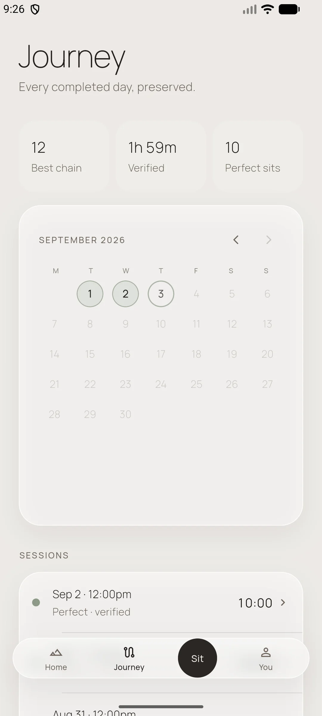 Meditation journey screen with a calendar and verified session history