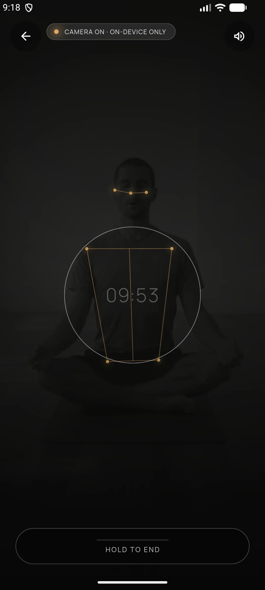 Android meditation session with a seated person, posture landmarks, and a verified timer